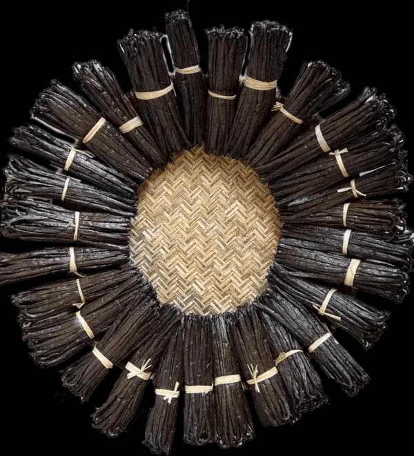 Grade A Madagascar vanilla beans — premium bundles arranged on woven tray, SAVA region